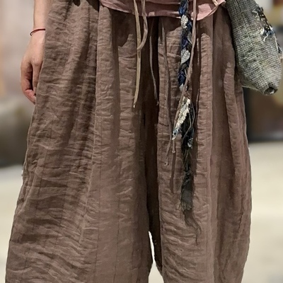 复古休闲宽松抽绳款苎麻双层裤