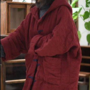 子曰原创文艺色织亚麻保暖连帽棉衣女中式对襟手工盘扣中长款棉袍