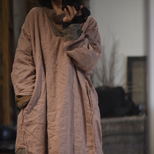 子曰原创复古禅意撞色毛边拼接亚麻长袍连衣裙 双层V领宽大版袍子