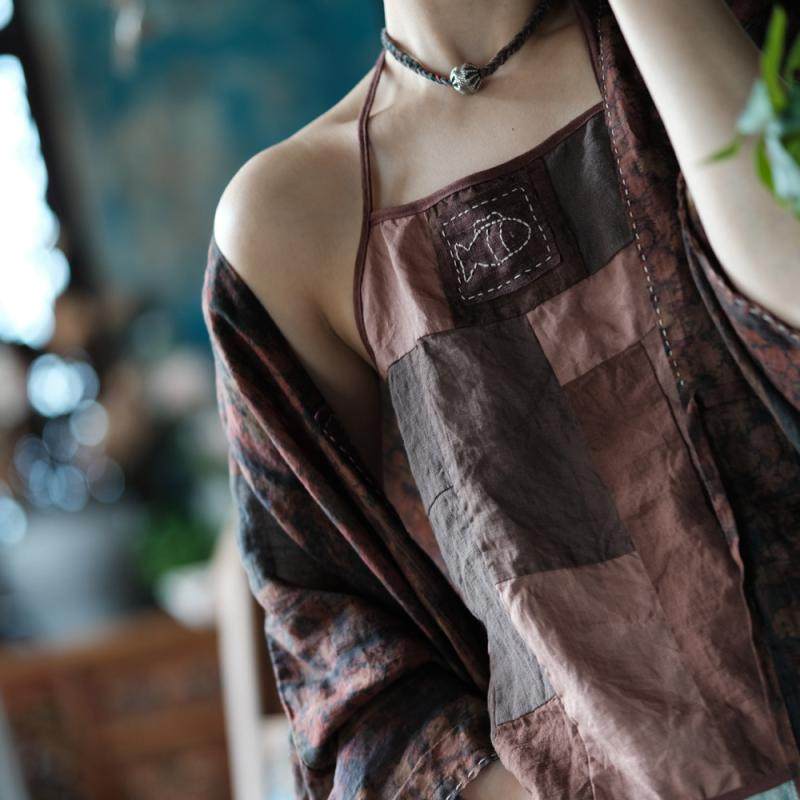 子曰原创复古撞色拼布亚麻拼接苎麻肚兜古典绑带内衣贴布绣线吊带