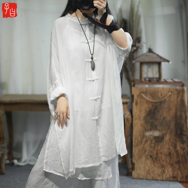 中国风对襟茶服苎麻蝙蝠袖外套
