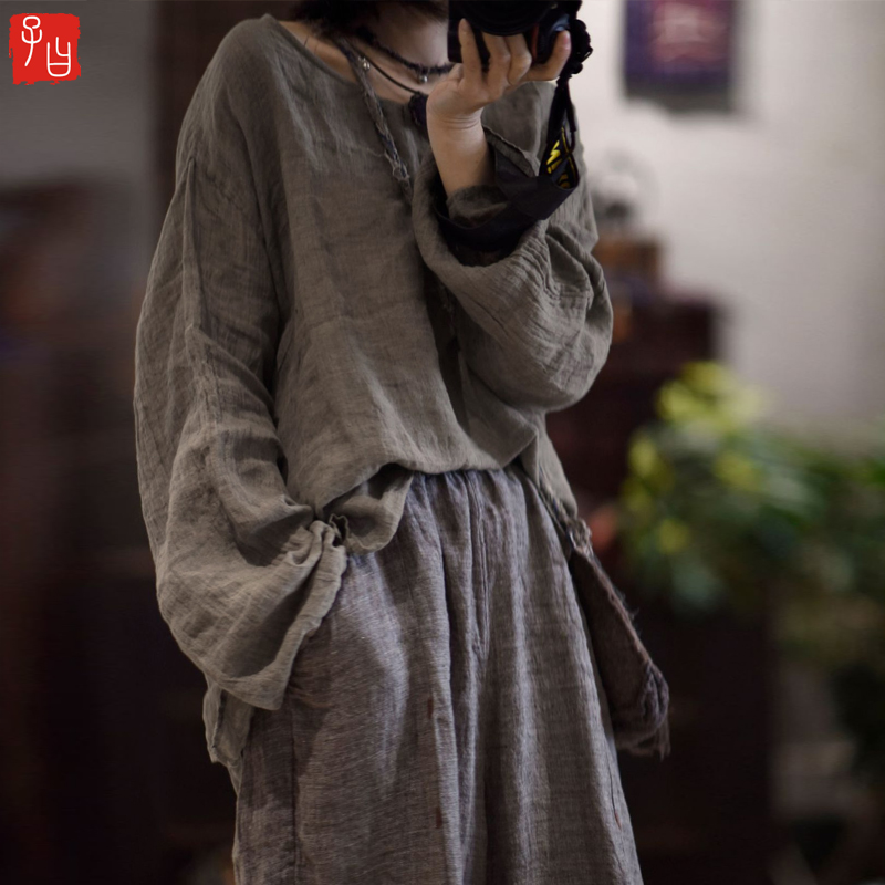 子曰文艺复古肌理亚麻慵懒套头休闲小衫宽松舒适随性基础长袖上衣