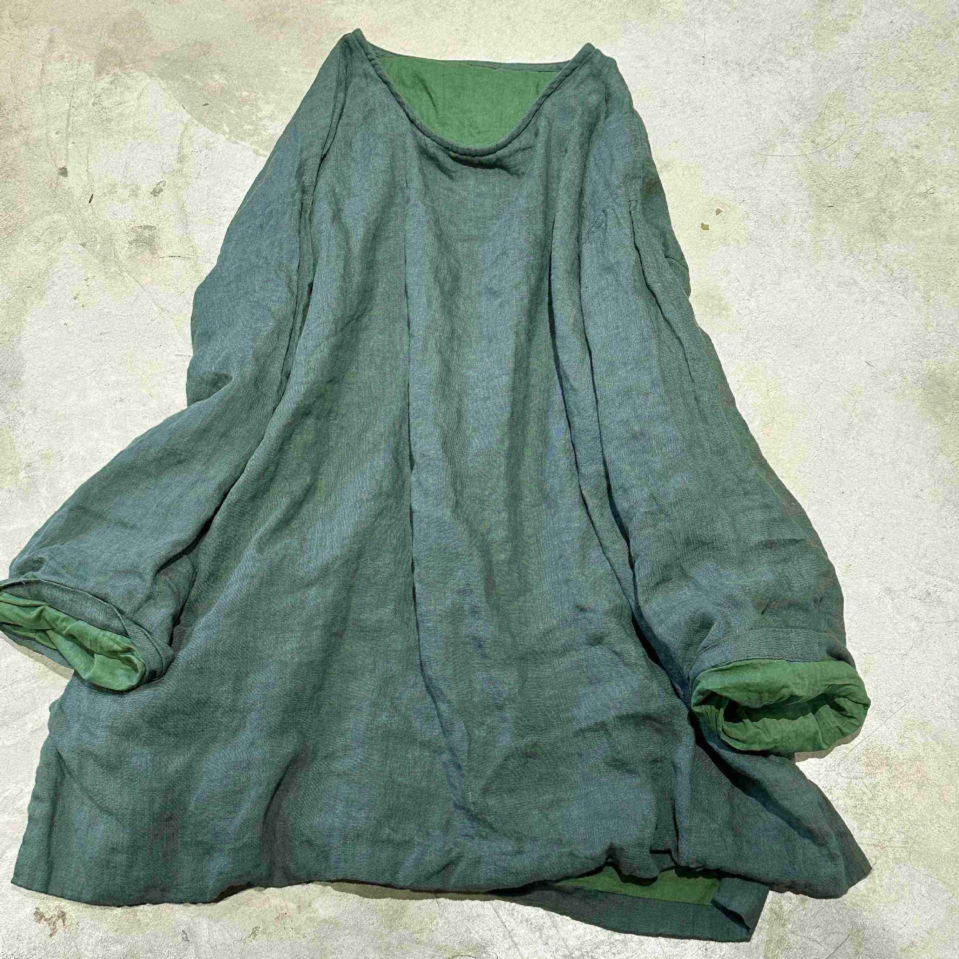 子曰原创复古双层亚麻圆领套头中长衫女文艺宽松纯色百搭开叉上衣