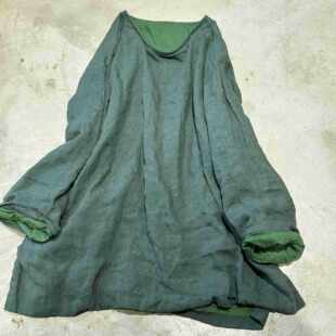 子曰原创复古双层亚麻圆领套头中长衫 女文艺宽松纯色百搭开叉上衣