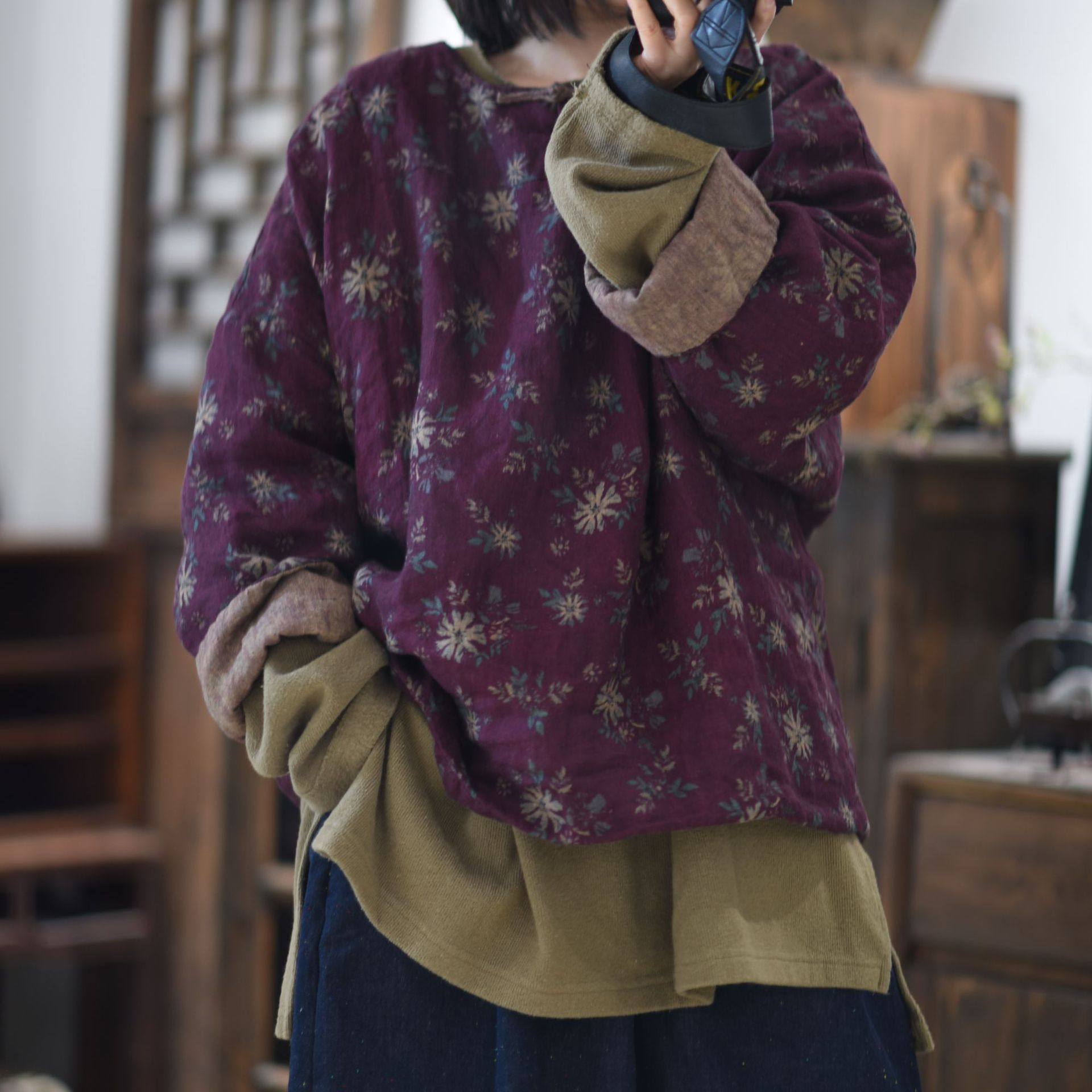 子曰原创复古手工盘扣亚麻印花夹棉保暖棉衣文艺百搭宽松套头棉服