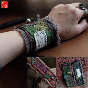 时髦手工缝制亚麻拼布手腕带复古手链 子曰原创民族风手作配饰个性