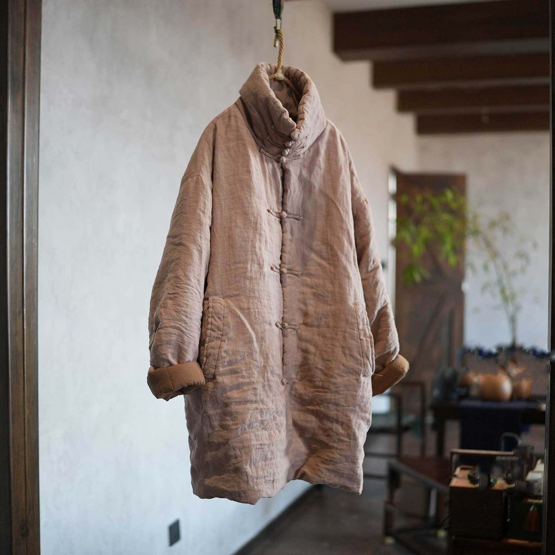 子曰原创高品质砂洗亚麻堆堆领保暖棉衣 复古国风宽松中长款棉服