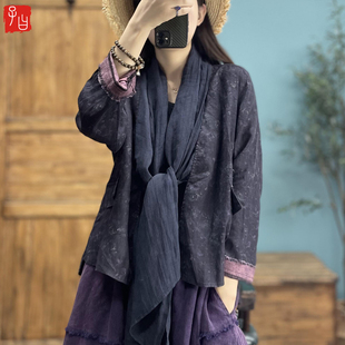 子曰复古设计感假两件亚麻印花外套女重工拼接苎麻围巾领西服2628