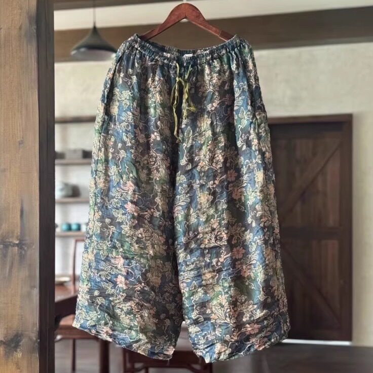 双层印花苎麻八分休闲裤阔腿裤