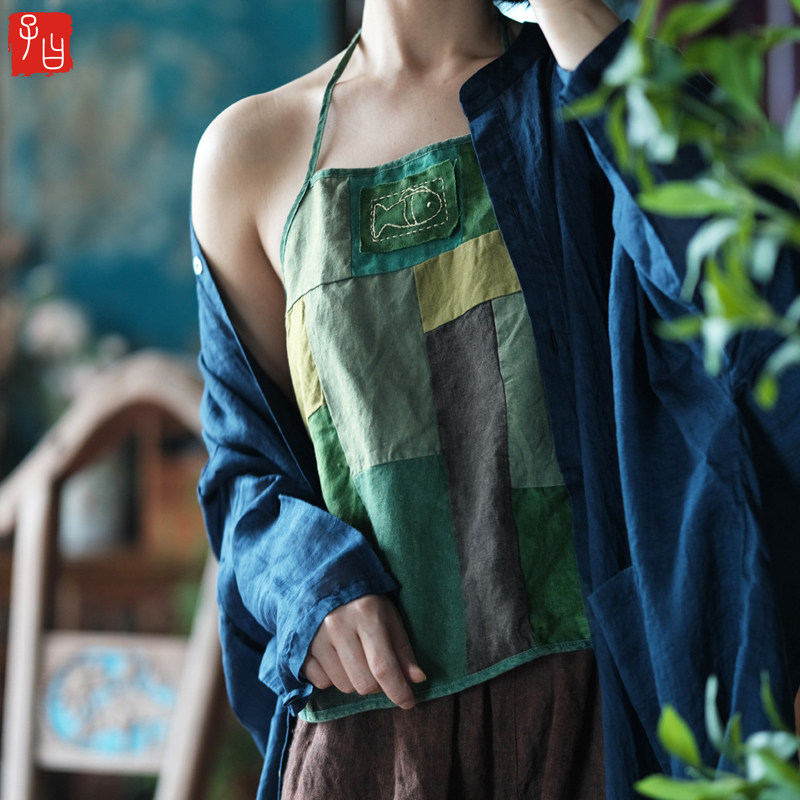 子曰原创复古撞色拼布亚麻肚兜古典气质绑带内衣贴布绣线打底吊带