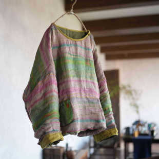 子曰原创高温水洗超柔苎麻印花长袖 棉衣复古宽松夹棉保暖圆领棉服