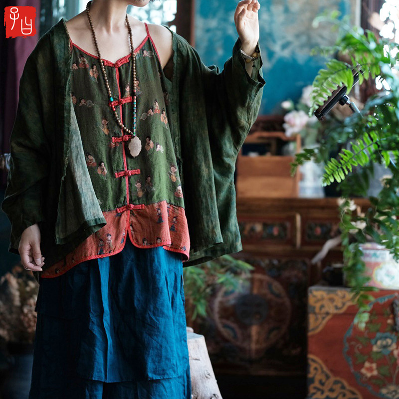 子曰原创民族风仕女图印花吊带打底衫女复古舒适软糯棉纱外穿背心