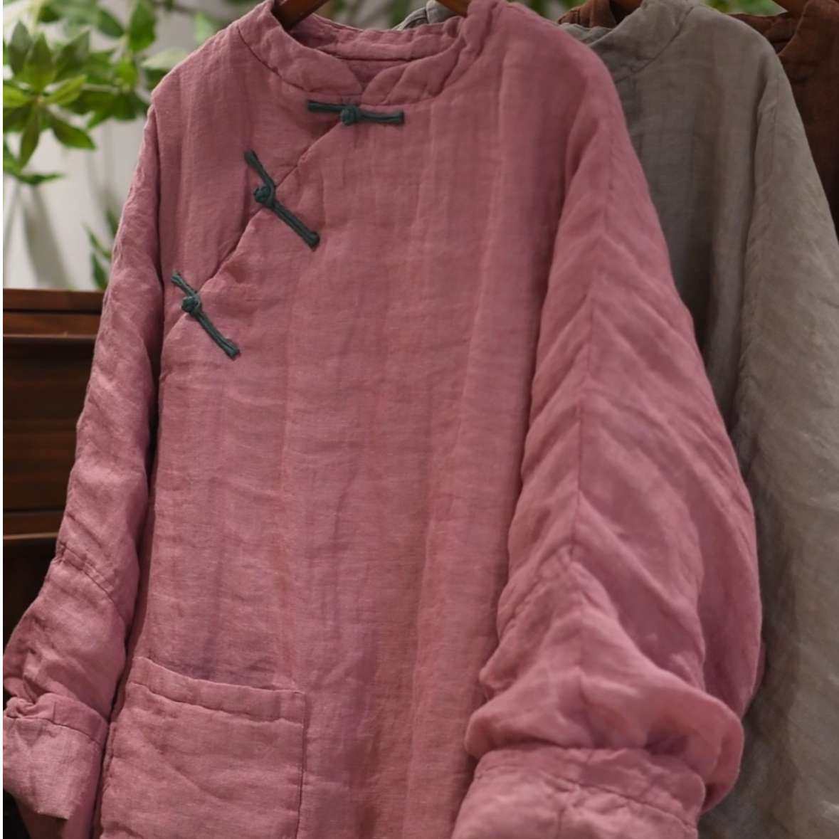 子曰原创文艺风色织亚麻中长款棉服中式复古立领偏襟盘扣茶服棉袍