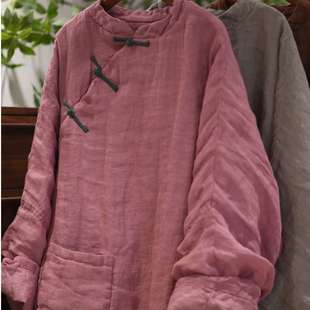 子曰原创文艺风色织亚麻中长款棉服中式复古立领偏襟盘扣茶服棉袍