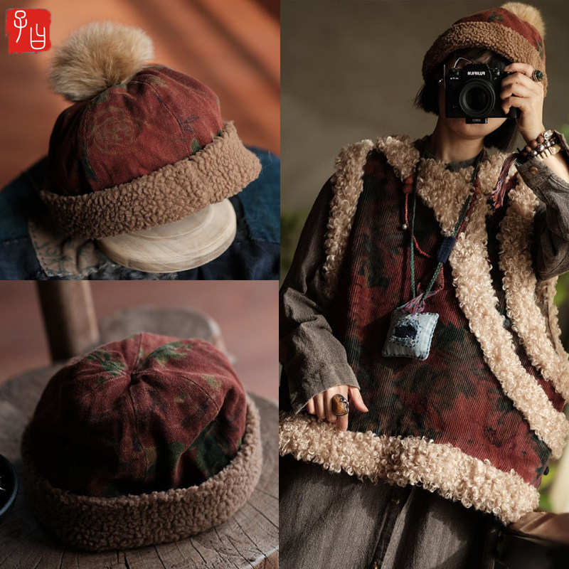 子曰原创复古怀旧印花羊羔毛帽子女百搭夹棉保暖毛球地主帽瓜皮帽,服饰配件/皮带/帽子/围巾,帽子,淘宝优惠券,粉丝福利购,淘宝优惠卷