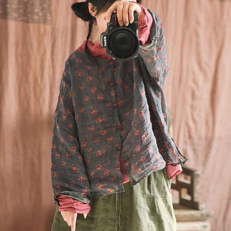 子曰文艺复古轻薄苎麻印花衬衣开衫来去缝花色薄外搭空调衫防晒衣