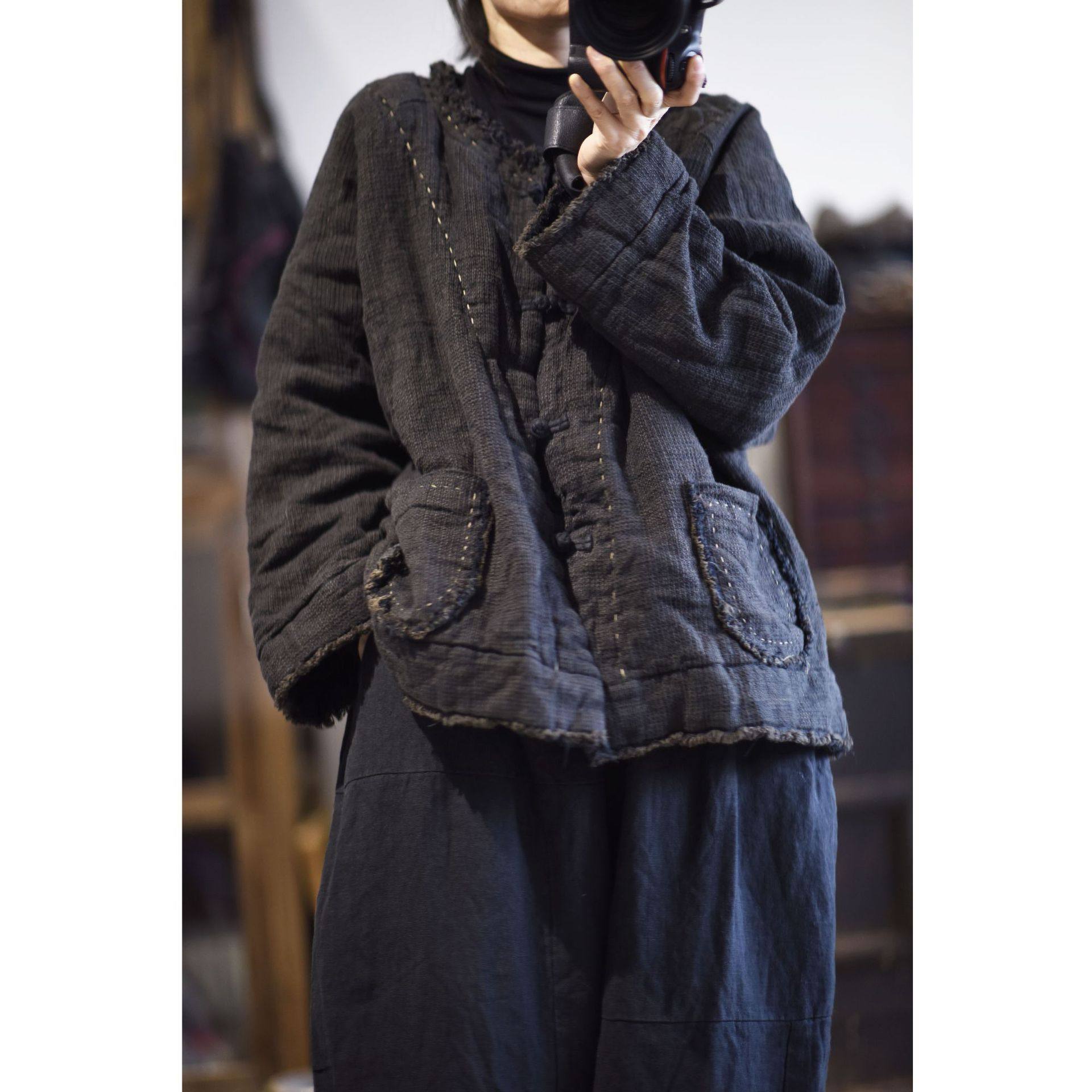 色织亚麻手剪毛边盘扣夹棉棉服