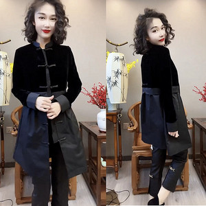中式立领盘扣中长款风衣女春季黑色丝绒贡缎上衣气质修身减龄外套