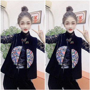 秋季立领盘扣唐装马甲外套女气质修身黑色金丝绒坎肩宽松休闲马夹