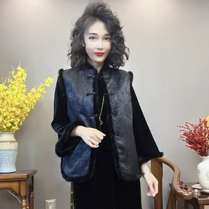 秋冬黑色贡缎提花貂毛马夹女高级感气质修身中式棉马甲唐装棉坎肩