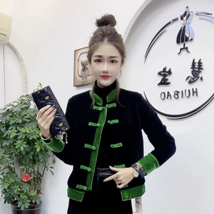 冬季黑色丝绒彩色盘扣唐装棉服短款夹棉外套女气质修身小个子棉衣