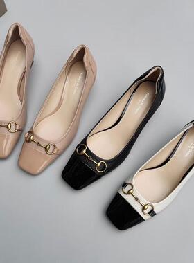 Federica Di Donato百搭真皮金色饰扣英伦风方头舒适中跟平底单鞋