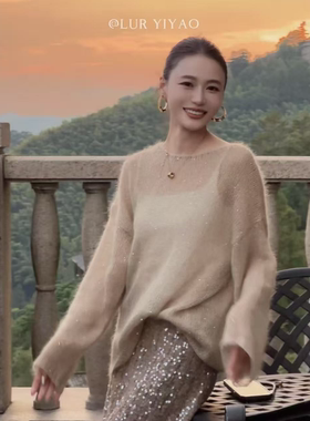 马海毛羊毛轻薄朦胧套头针织罩衫