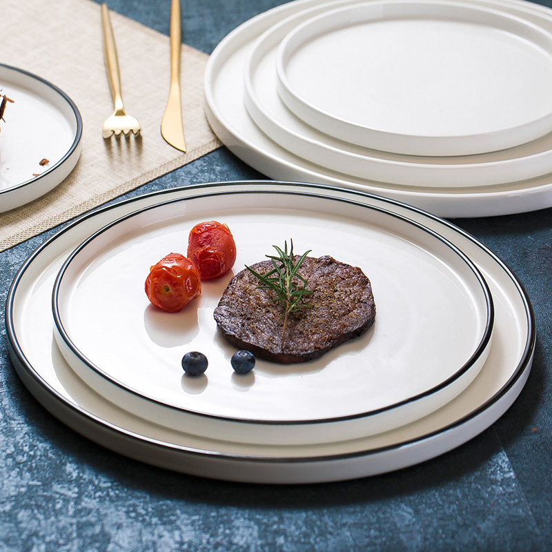 Ceramic black line Nordic western style round simple steak plate