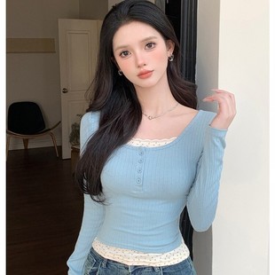 纯欲风蕾丝假两件u领长袖 t恤女春秋法式 修身 内搭甜辣妹上衣女装