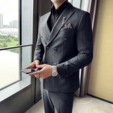 色织高品质西服套装条纹双排扣戗驳领西装两件套灰色LJT8023-P220，男装西服套装，电商A213