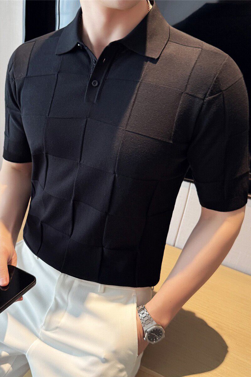【天丝莱赛尔】高级感格子冰丝针织POLO衫短袖T恤黑色PL2403-P63,男装Polo衫,电商A213