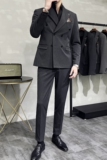 主推款~质感枪驳领双排扣西服套装修身西装两件套黑色LJT412-P215，男装西服套装，电商A213