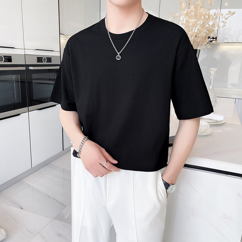 精梳纯棉纯色t恤男短袖圆领宽松休闲大码打底衫黑色DT06-P28,男装T恤,电商A213