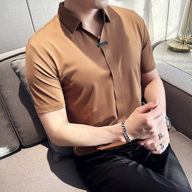 高弹性感V领短袖POLO衫男高级感冰丝无痕翻领T恤咖啡色T2411-P63,男装T恤,电商A213
