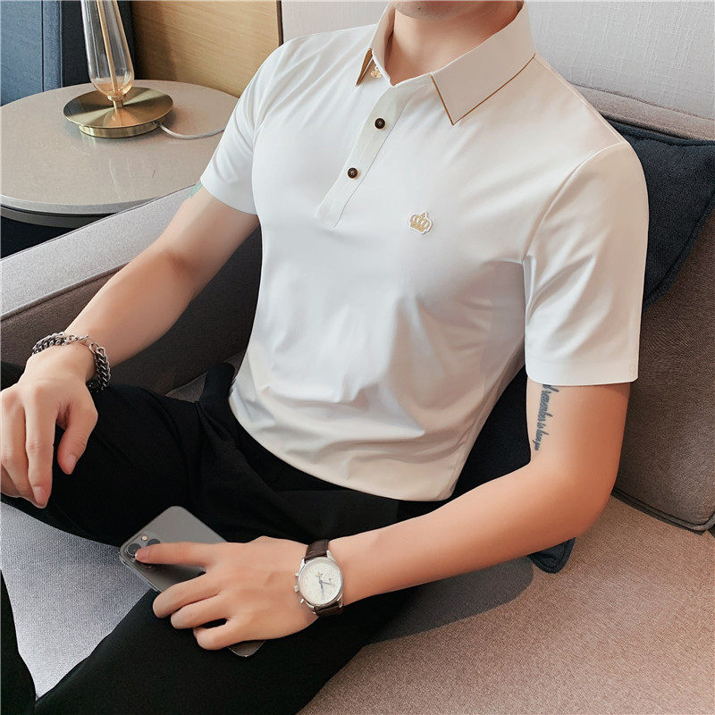 小金边冰丝轻薄高弹翻领无痕T恤男士冰感短袖POLO衫白色PL01-P70,男装T恤,电商A213