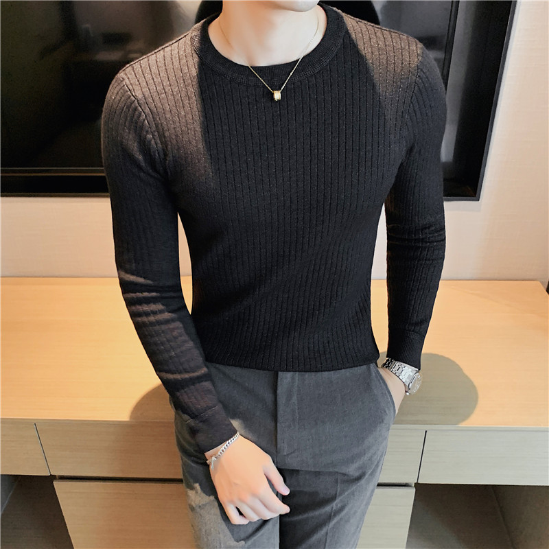 袖子暗条纹圆领毛衣男士纯色套头毛衣修身针织衫灰绿M1550-P53,男装针织衫/毛衣,电商A213