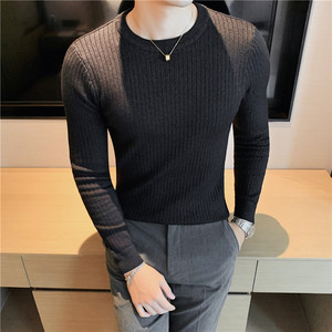 袖子暗条纹圆领毛衣男士纯色套头毛衣修身针织衫灰绿M1550-P53图片