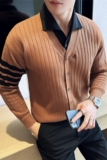 秋冬男士假两件针织衫开衫衬衫领时尚条纹毛衣外套驼色M93103-P93，男装针织衫/毛衣，电商A213