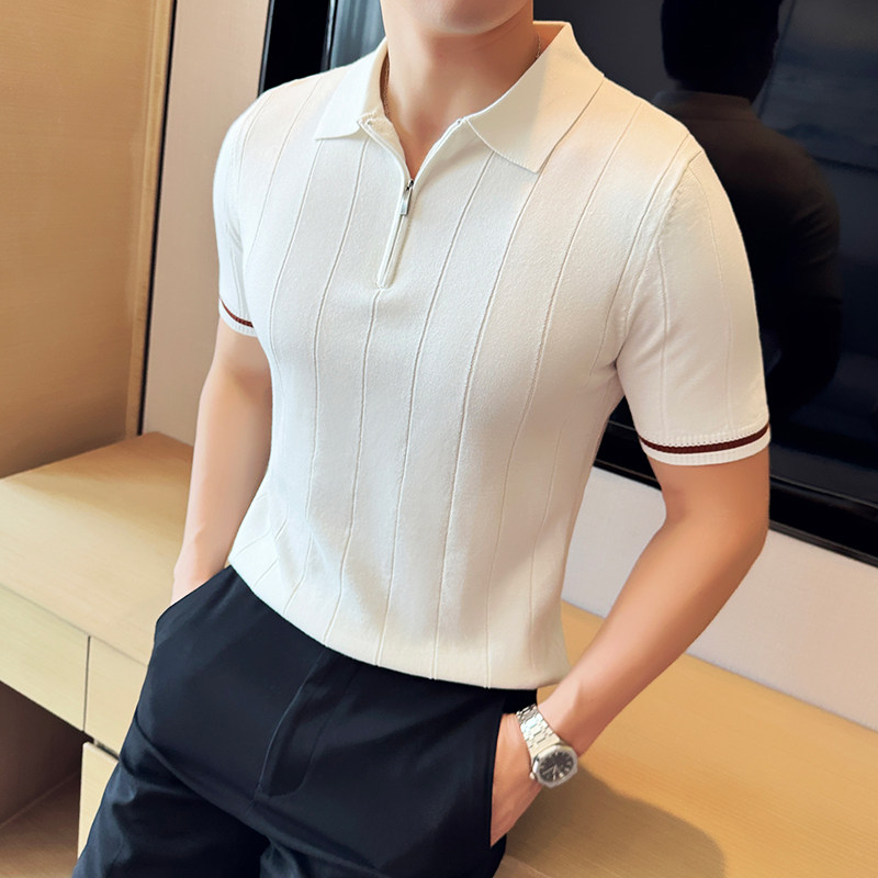 半拉链坑条~薄款冰丝条纹针织短袖Polo衫翻领T恤黑色PL8902-P63,男装T恤,电商A213