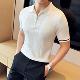 半拉链坑条~薄款冰丝条纹针织短袖Polo衫翻领T恤黑色PL8902-P63，男装T恤，电商A213