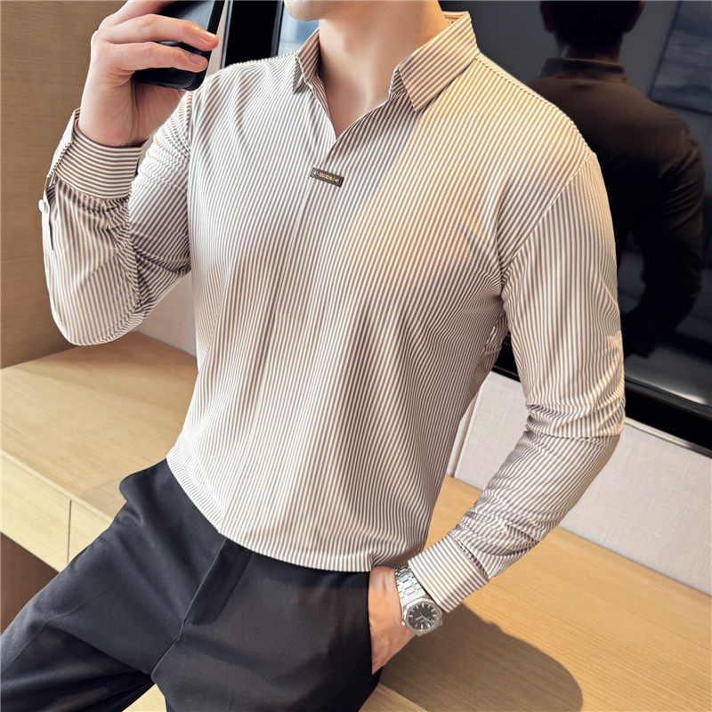 模特图~个性V领长袖POLO衫男条纹高级感弹力无痕翻领T恤T8633-P67图片