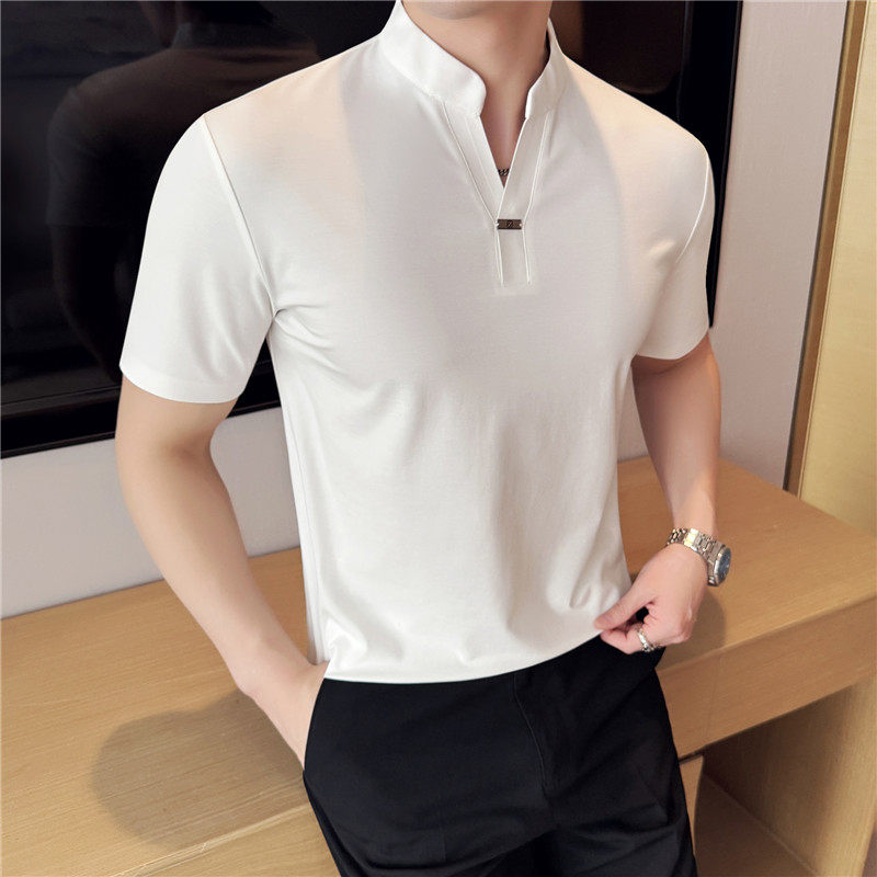 新中式立领高弹力短袖POLO衫高级感无痕压胶翻领T恤PL2816-P63，男装Polo衫，电商A213