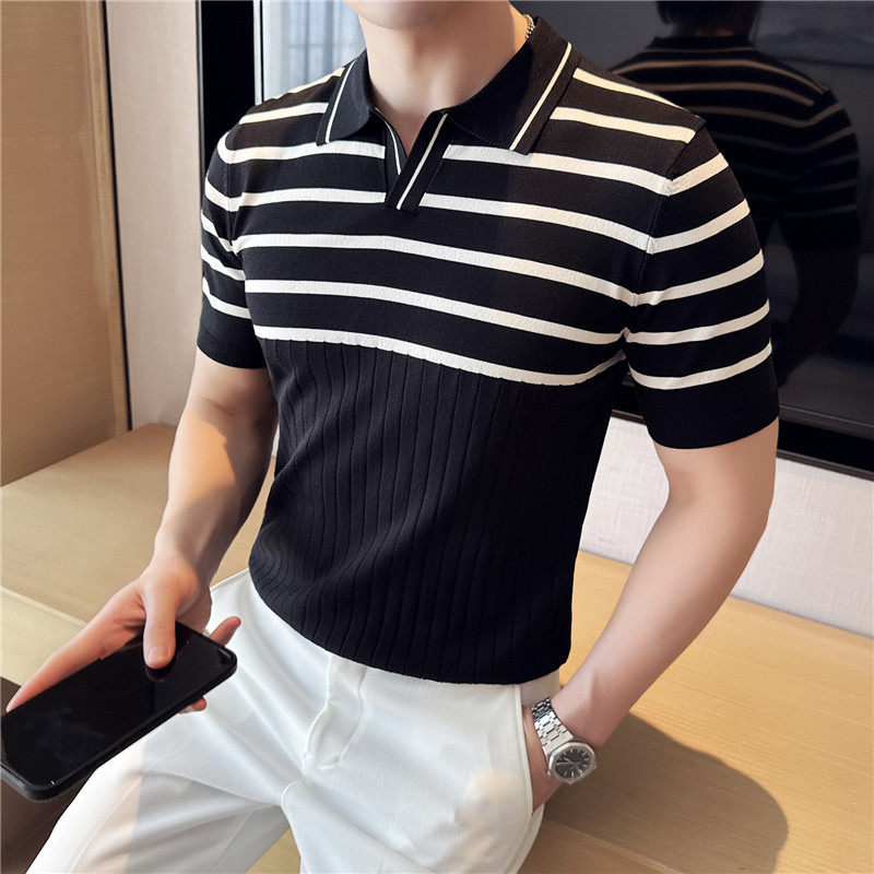 夏季冰丝薄款短袖T恤男条纹针织拼色V领polo衫MT054-P57,男装Polo衫,电商A213