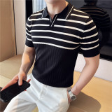 夏季冰丝薄款短袖T恤男条纹针织拼色V领polo衫MT054-P57，男装Polo衫，电商A213