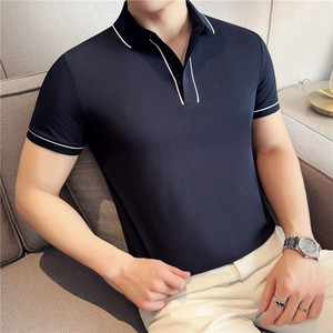 新疆长绒棉液氨科技~夏季线条撞色polo衫短袖t恤宝石红PL2256-P48图片