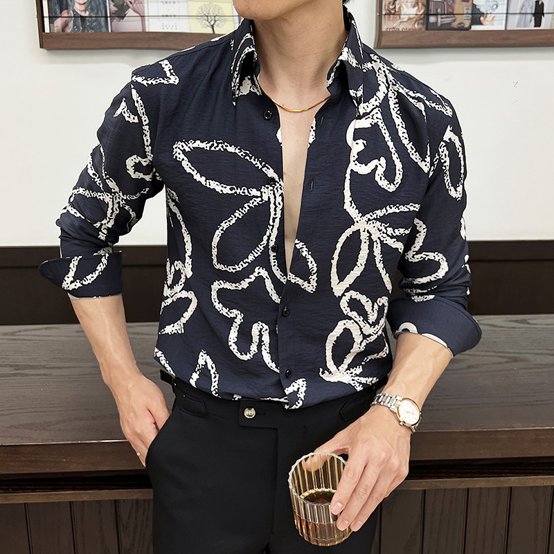 高级感莱赛尔天丝时尚帅气肌理感花衬衫男长袖衬衣白色C2519-P68图片