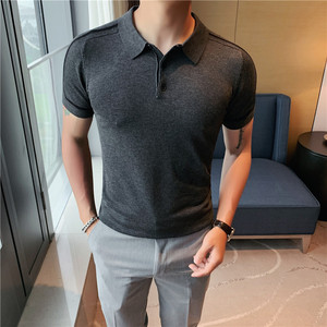长期做~时尚拼色条纹修身弹力针织冰丝T恤男短袖POLO衫PL9802-P55图片