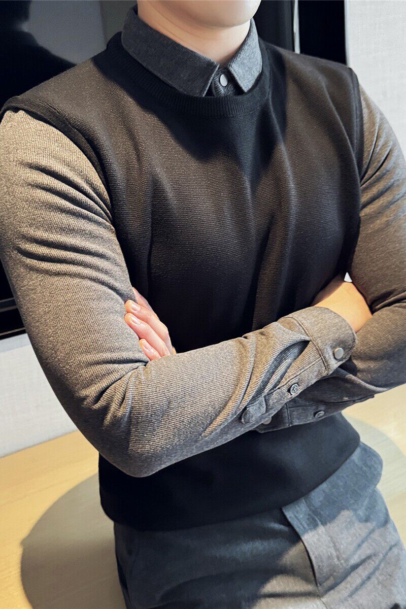 暗条纹灯芯绒质感毛呢衬衫领男加厚毛衣假两件针织衫潮M9386-P93图片