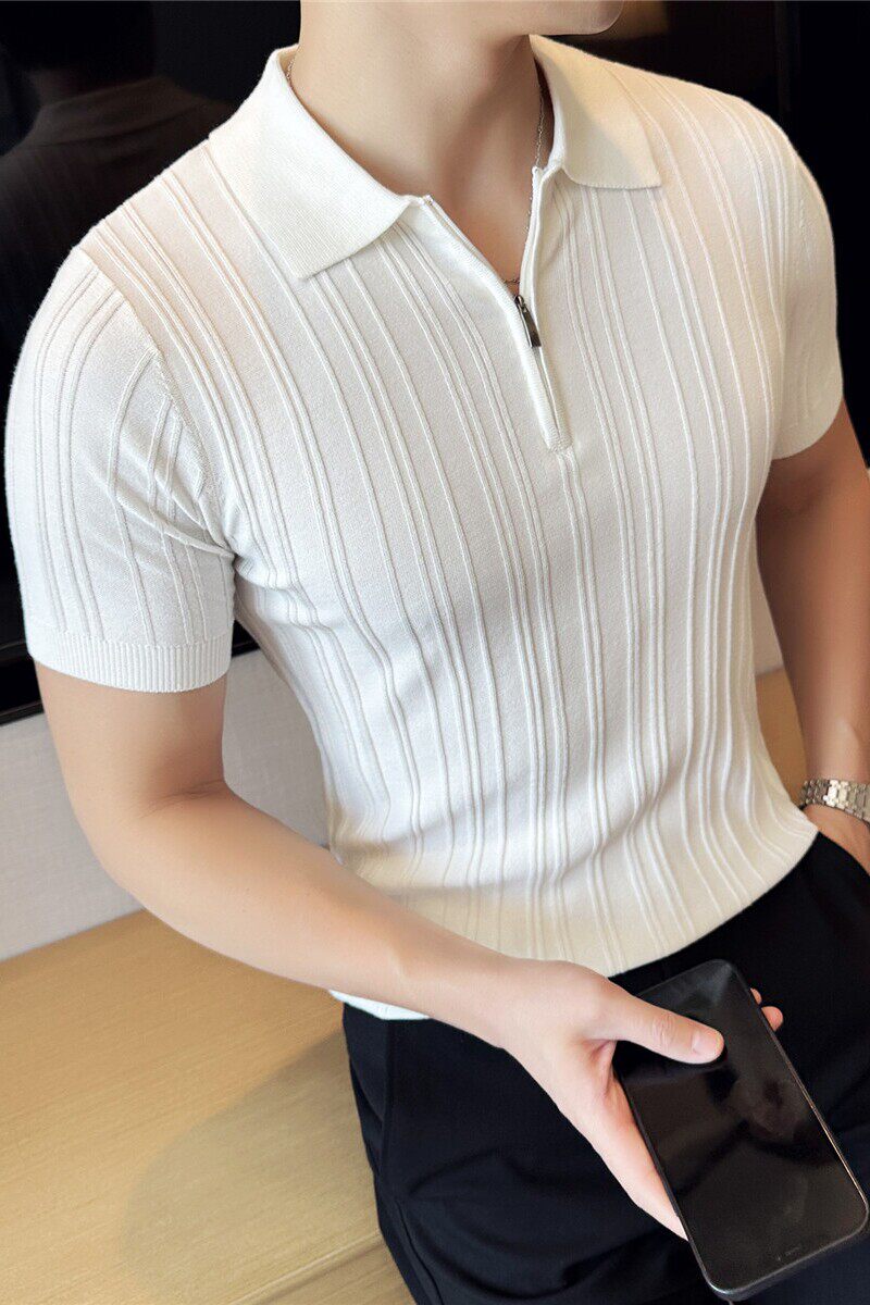 半拉链坑条~薄款冰丝条纹针织短袖Polo衫翻领T恤白色PL8938-P58图片