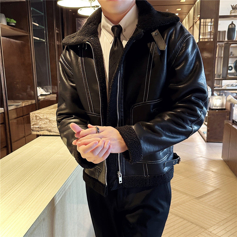 加厚棉衣男皮毛一体棉服皮外套翻领拉链PU皮夹克黑色PM22127-P237图片